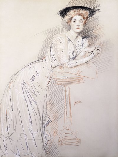 Miss Taylor portréja az asztalra támaszkodva, alkotó: Paul Cesar Helleu