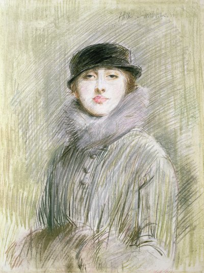 Szőrmegallérral és bundával rendelkező hölgy portréja, XX. század (rajz) alkotó: Paul Cesar Helleu