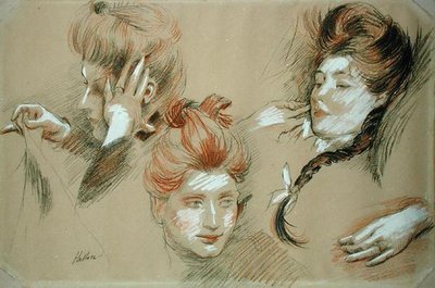 Nők tanulmánya (piros és fekete kréta fehérrel kiemelve a papíron) alkotó: Paul Cesar Helleu