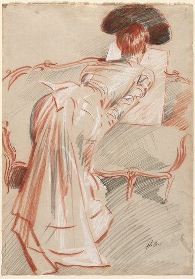 Nő (valószínűleg Madame Alice Hellu) egy rajzot néz, 1895 körül (fekete, vörös és fehér kréta) alkotó: Paul Cesar Helleu