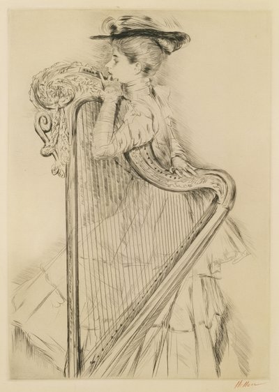 Nő hárfával (szárazhús) alkotó: Paul Cesar Helleu