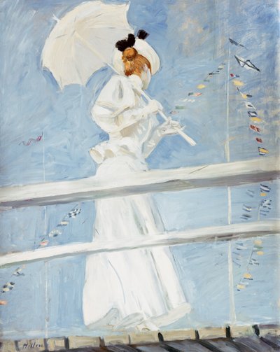 Fiatal nő napernyővel a mólón alkotó: Paul Cesar Helleu
