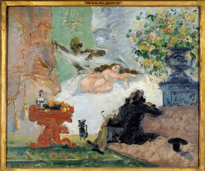 Egy modern olimpiai fiatal nő meztelenül fekszik az ágyában és a fekete szobalányában. Paul Cezanne (1839-1906) festménye 1873 V. 0,46x0,55 m Párizs, Muse d