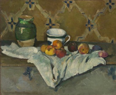 Csendélet üveggel, csészével és almával, kb. 1877. alkotó: Paul Cézanne