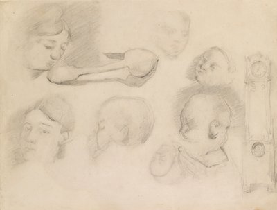 Tanulmányok egy gyermekfejről, egy női fejről, egy kanálról és egy hosszú tokos óráról, c1872 alkotó: Paul Cézanne