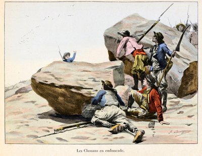 Chouannerie: Les Chouans en ambuscade, 18. század vége - Illusztráció: Emile Boutigny (1853-1929) Theodore Cahu (1854-1928) „” Hoche-Marceau-Desaix” című művében – Magángyűjtemény – Chouannerie: Illusztráció: Emile8 Bout53 -1929) a „Hoche-Marcea alkotó: Paul Émile Boutigny