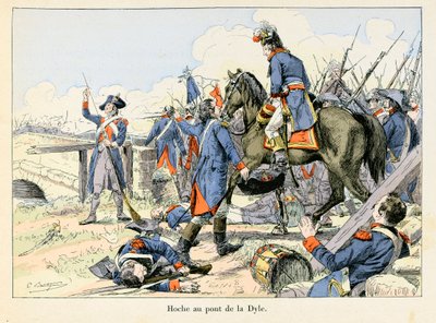 Hoche au pont de la Dyle: 1793 márciusában Lazare Hoche (1768-1797) az osztrákok ellen harcolt a Dyle Leuven (Belgium) előtti átjárónál történt visszavonulásról - Emile Boutigny (1853-1929) illusztrációja. Theodore „Hoche-Marceau-Desaix”. alkotó: Paul Émile Boutigny