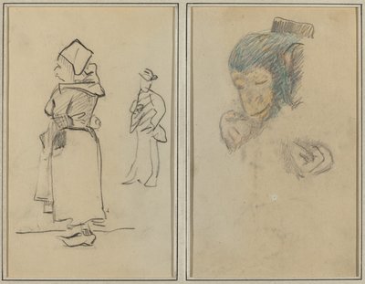 Egy breton nő és egy álló férfi; Egy majom feje és keze [recto] alkotó: Paul Gauguin