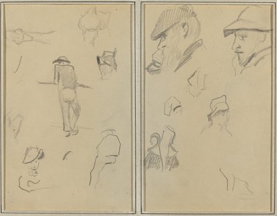 Egy ember falnak támaszkodva öt másik tanulmánnyal; Két kalapot viselő szakállas férfi és öt másik tanulmány [recto] alkotó: Paul Gauguin