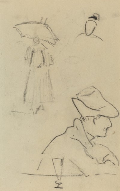 Egy esernyőt tartó személy és egy ülő férfi kalappal és pohárral [verso] alkotó: Paul Gauguin