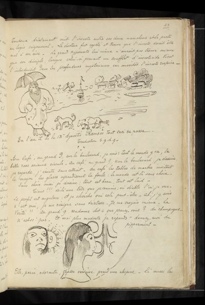 Avant et après - szöveg és rajzok "le petit mignon"-ról és kutyáiról Cytherában, valamint két fejről (önarckép?) egy kávézóban alkotó: Paul Gauguin