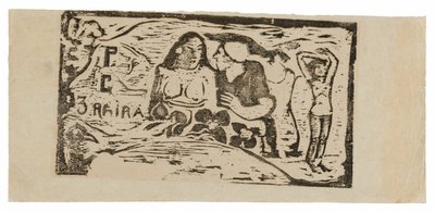 Meztelen nő mellszobra és háromnegyedes férfi alakja fehér sapkával profilban, harmadik kis figura jobb szélen, Le sourire fejdísz alkotó: Paul Gauguin