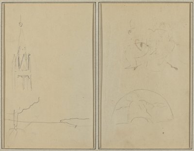 Templomtorony; Vázlat egy rajongóról [recto] alkotó: Paul Gauguin