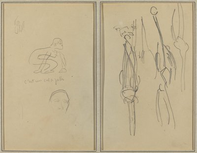 Guggoló majom és emberfej; Csontok és izmok [verso] alkotó: Paul Gauguin