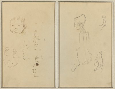 Öt tanulmány a fejekről; Egy fiú profilban, aki a kezeket és a lábakat tanulmányozza [verso] alkotó: Paul Gauguin