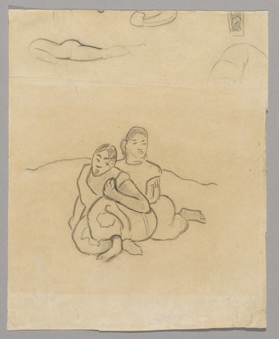 Testtöredékek, dekoratív dizájn és két guggoló tahiti nő a Nafea Faaipoipohoz kapcsolódó tájon alkotó: Paul Gauguin