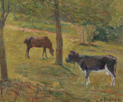 Francia: Vache et cheval dans un pré Tehén és ló a réten alkotó: Paul Gauguin