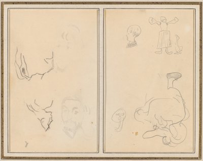 Egy férfi feje, akinek a háta van; Különféle vázlatok parasztasszonnyal és libával [recto] alkotó: Paul Gauguin