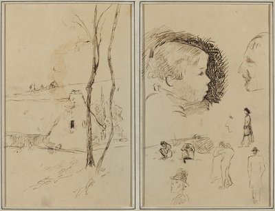 Táj kunyhóval; Fiú profilja, Férfi profilja, Két nő egy tájban és öt másik tanulmány [verso] alkotó: Paul Gauguin