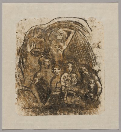 Születés (Anya és gyermeke körülötte öt figura) alkotó: Paul Gauguin