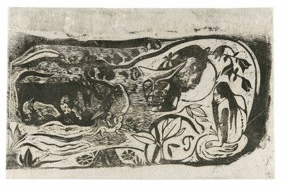 Tányér egy szarvas ördög fejével, a késői fatömbnyomatok szvitjéből alkotó: Paul Gauguin