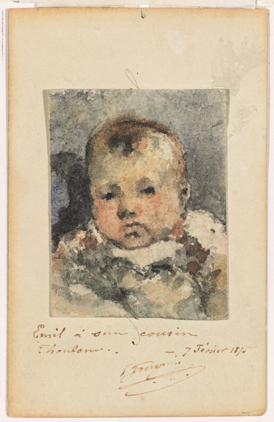 Gyermekportré, 1875. február 7. (akvarell, papírra fektetve egy eredeti névjegykártyára) alkotó: Paul Gauguin