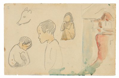 Vázlatok görnyedő és álló alakokról, egy malacról és egy kunyhóról a víz szélén alkotó: Paul Gauguin