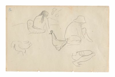 Vázlatok ülő figurákról és csirkékről (recto), akt női törzs (a Te a no areois [Az Areoi magva] című festményhez kapcsolódóan) (fordítva), a Tahiti Carnet-ból (tahiti vázlatfüzet) alkotó: Paul Gauguin