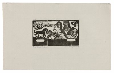 Három ember, egy maszk, egy róka és egy madár, a Le sourire fejdísz alkotó: Paul Gauguin