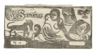 Három ember, egy maszk, egy róka és egy madár, a Le sourire fejdísz alkotó: Paul Gauguin