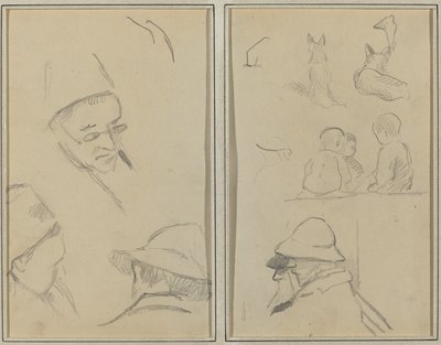 Három tanulmány a férfifejekről, egy szemüveggel; Kutyák, gyerekek és két szakállas férfi a profilban [verso] alkotó: Paul Gauguin