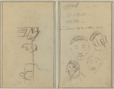 Két figura és egy pad; Három tanulmány a férfifejekről és az egyik kézről [recto] alkotó: Paul Gauguin