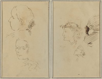 Két fejtanulmány és egy görnyedt meztelen nő; Két női fej és egy gyerekfej [recto] alkotó: Paul Gauguin