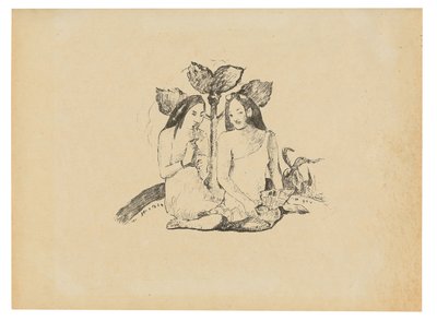 Két maori nő guggolva le alkotó: Paul Gauguin