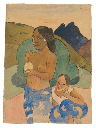 Két tahiti nő egy tájban, 1892 körül (akvarell és gouache) alkotó: Paul Gauguin