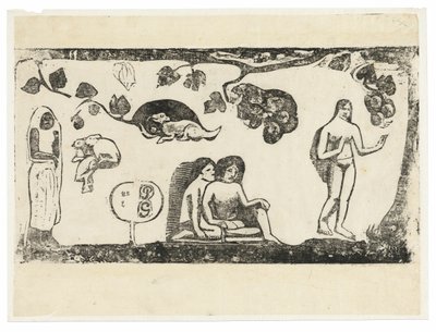 Nők, állatok és lombok, a késői fatömbnyomatok sorozatából alkotó: Paul Gauguin