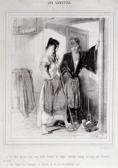 2 szegény nő beszélget a lépcsőn a férfiakról, „Les Lorettes”, Gavarni, c. 1840. alkotó: Paul Gavarni