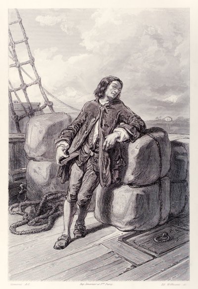 Lemuel Gulliver kapitány a tengeren a kereskedelmi hajóján, a Gullivers Travels francia kiadásából, Jonathan Swifttől alkotó: Paul Gavarni
