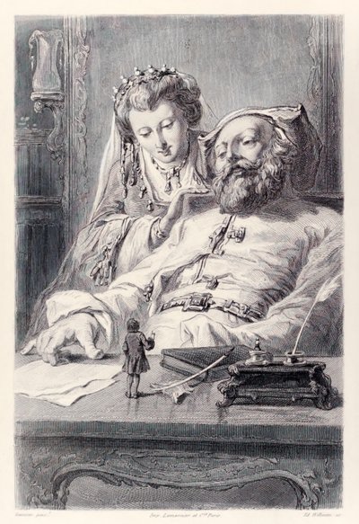 A Gullivers Travels francia kiadásának előlapja, Jonathan Swift. Helyesen válaszoltam a Kings kérdéseire Gulliver és Brobdingnag királya és királynője. alkotó: Paul Gavarni