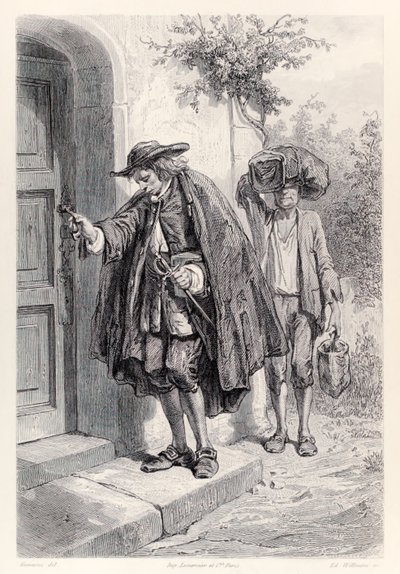 Gulliver délután háromkor érkezik haza, és belép a házba, a Gullivers Travels francia kiadásából, Jonathan Swifttől alkotó: Paul Gavarni