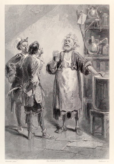 Gulliver belép a lagadói akadémia egyik szobájába, tele visszataszító szaggal, a Gullivers Travels francia kiadásából, Jonathan Swifttől alkotó: Paul Gavarni