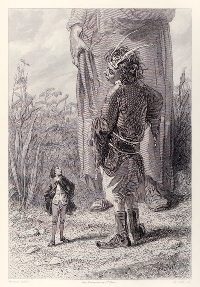 Gulliver találkozik a Queens 30 láb magas törpével, aki örül, hogy valaki nála kisebbet is kínozhat a bíróságon – a Gullivers Travels francia kiadásából, Jonathan Swifttől alkotó: Paul Gavarni