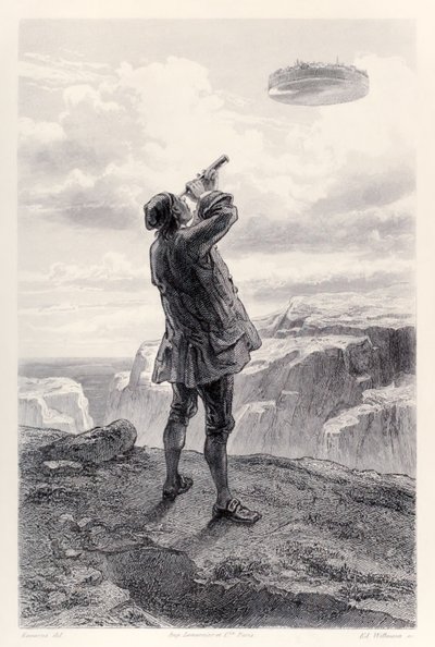 Gulliver először látja a repülő Laputa szigetet, és távcsövén keresztül vizsgálja meg, Jonathan Swift Gullivers Travels francia kiadásából. alkotó: Paul Gavarni