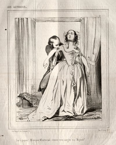 A színésznők: Papírzacskó! Monsieur Montmirail, hogy szíjazza felségem!, 1843. alkotó: Paul Gavarni