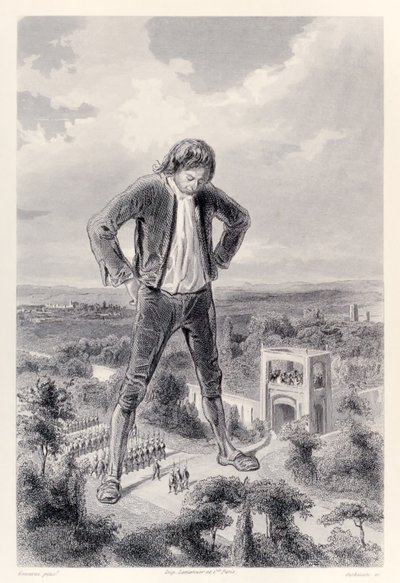 A liliputi hadsereg Gulliver lábai között vonul, a Gullivers Travels francia kiadásából, Jonathan Swifttől alkotó: Paul Gavarni
