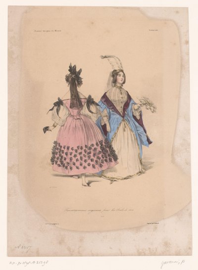 Két nő bálruhában Transvestissemens originaux pour les Bals de 1834 (cím a tárgyon) Ötletes ruházat (sorozat címe) Fantáziák (sorozat címe a tárgyon) alkotó: Paul Gavarni
