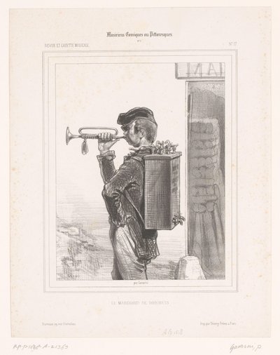 A csapok eladója trombitán játszik Le marchand de robinets (cím a tárgyon) Komikus zenészek (sorozat címe) Musicians Comiques ou Pittoresques (sorozat címe a tárgyon) alkotó: Paul Gavarni