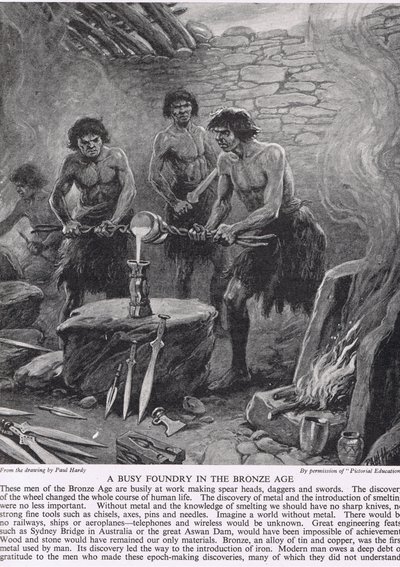 Egy forgalmas öntöde a bronzkorban, illusztráció a "The Story of the British People"-ből, 1950 körül alkotó: Paul Hardy