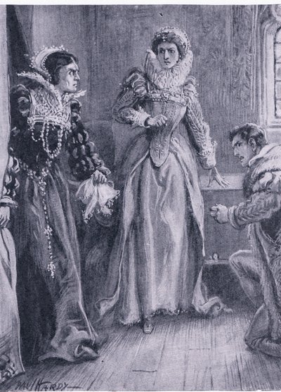 Mary Erzsébet királynő és Courtenay Válaszolok erre a kérdésre, kiáltott fel Mary, és félredobta az Arras-t, illusztráció a világ legjobb könyveinek könyvtárából, 1940 körül. alkotó: Paul Hardy