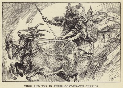 Thor és Tyr kecske vontatta szekerükön alkotó: Paul Hardy